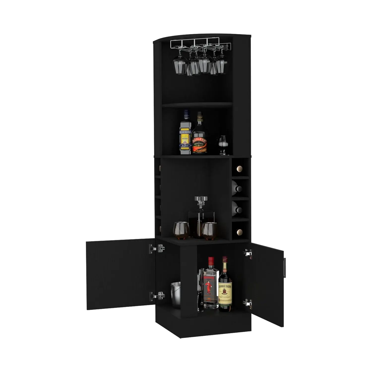 71" Tall Corner Bar Cabinet with Shelves Doors Built-in Wine Rack for Small Space Black, Customized