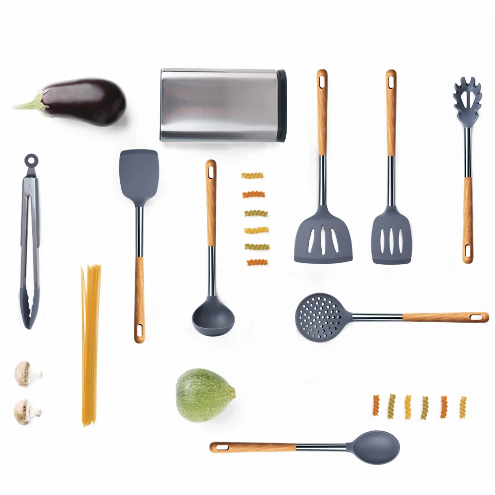 1 Pcs Silicone Kitchen Utensils Cooking Tools Beech Wooden Extended Handle with Large Hanging Holes Non-Stick Kitchenware Gray