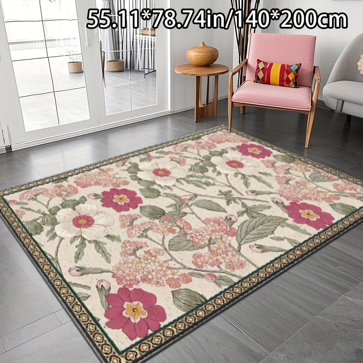 VIKAMA Classic Cottage Floral Indoor Rug Antique Pink White Flower Border Pattern Non‑Slip Stain‑Resistant Washable Floor Mat