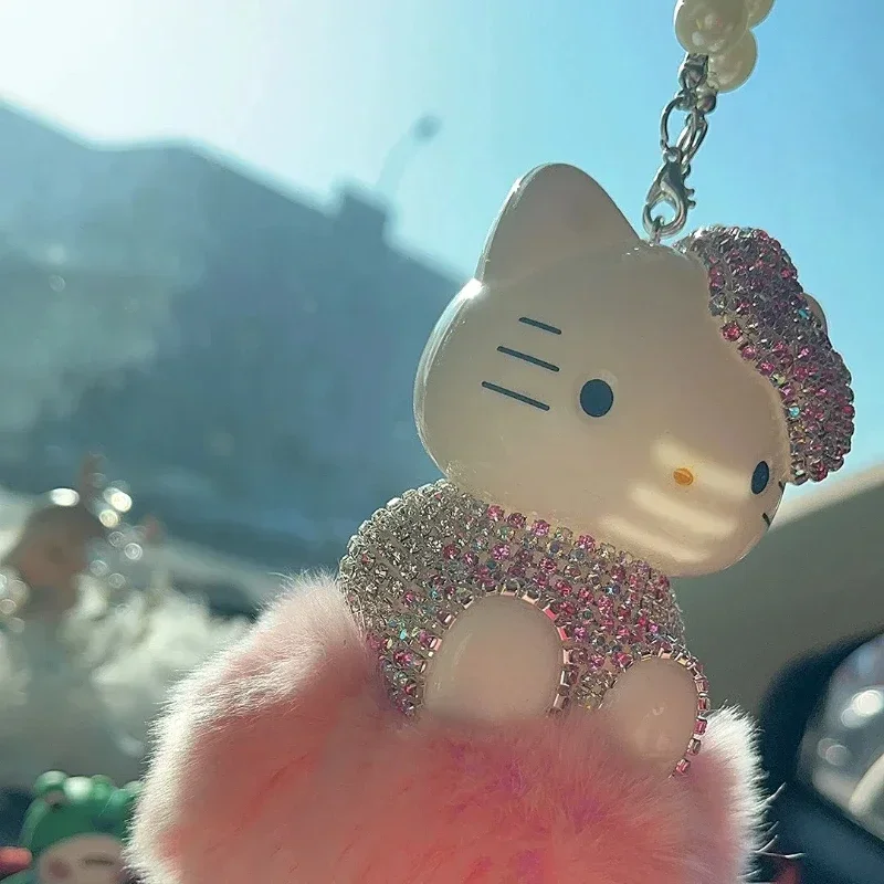 MINISO HelloKitty Car Hair Ball Diamond Pendant Car Pendant Interior Ladies Cute Car Rearview Mirror Handmade Decoration Gift