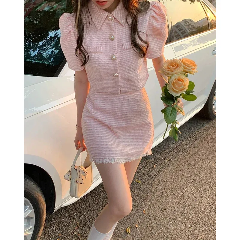 2026 Sweet Temperament Pink Puff Sleeve Lapel Coat Women Single-Breasted Short Jacket Summer Fashion Mini Skirts Matching Sets C