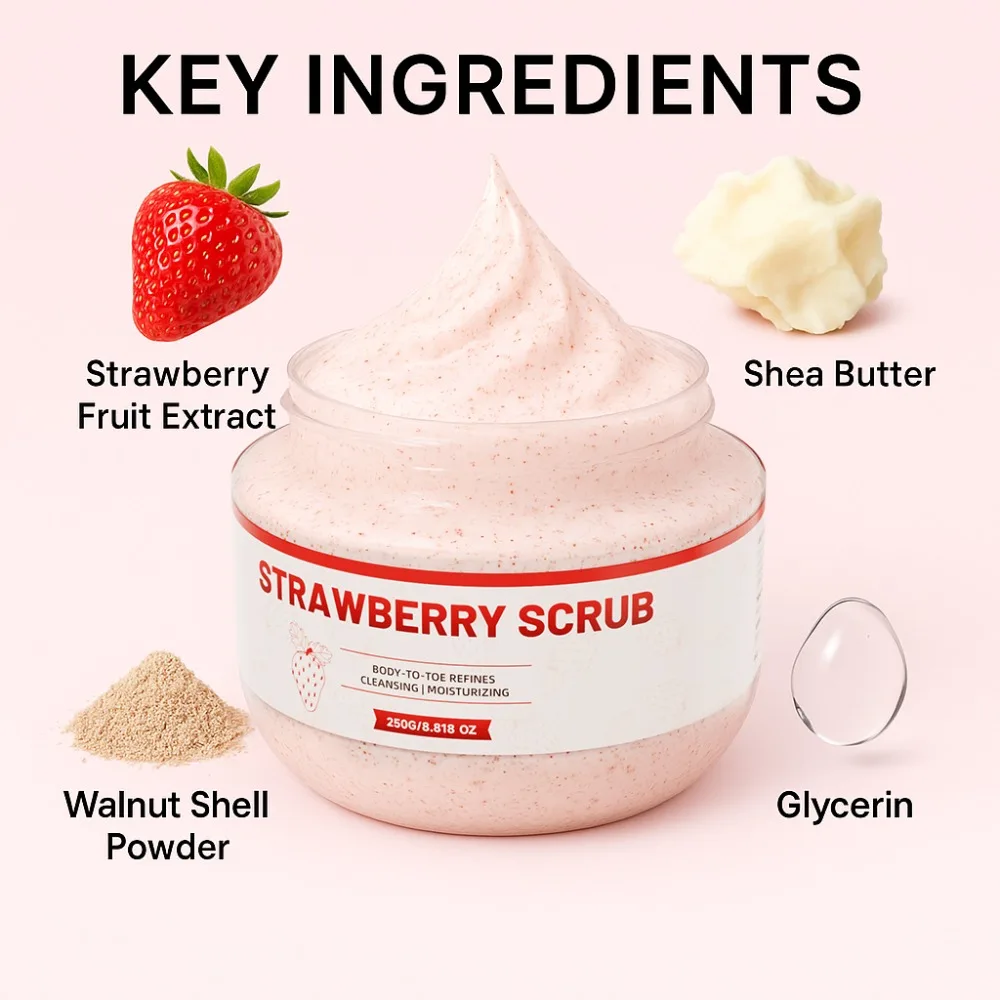 Exfoliante de fresa, limpieza profunda para mejorar la calidad de la piel, exfolia la piel con extracto de planta, cuidado corporal y de los pies para adultos, 8,8 oz