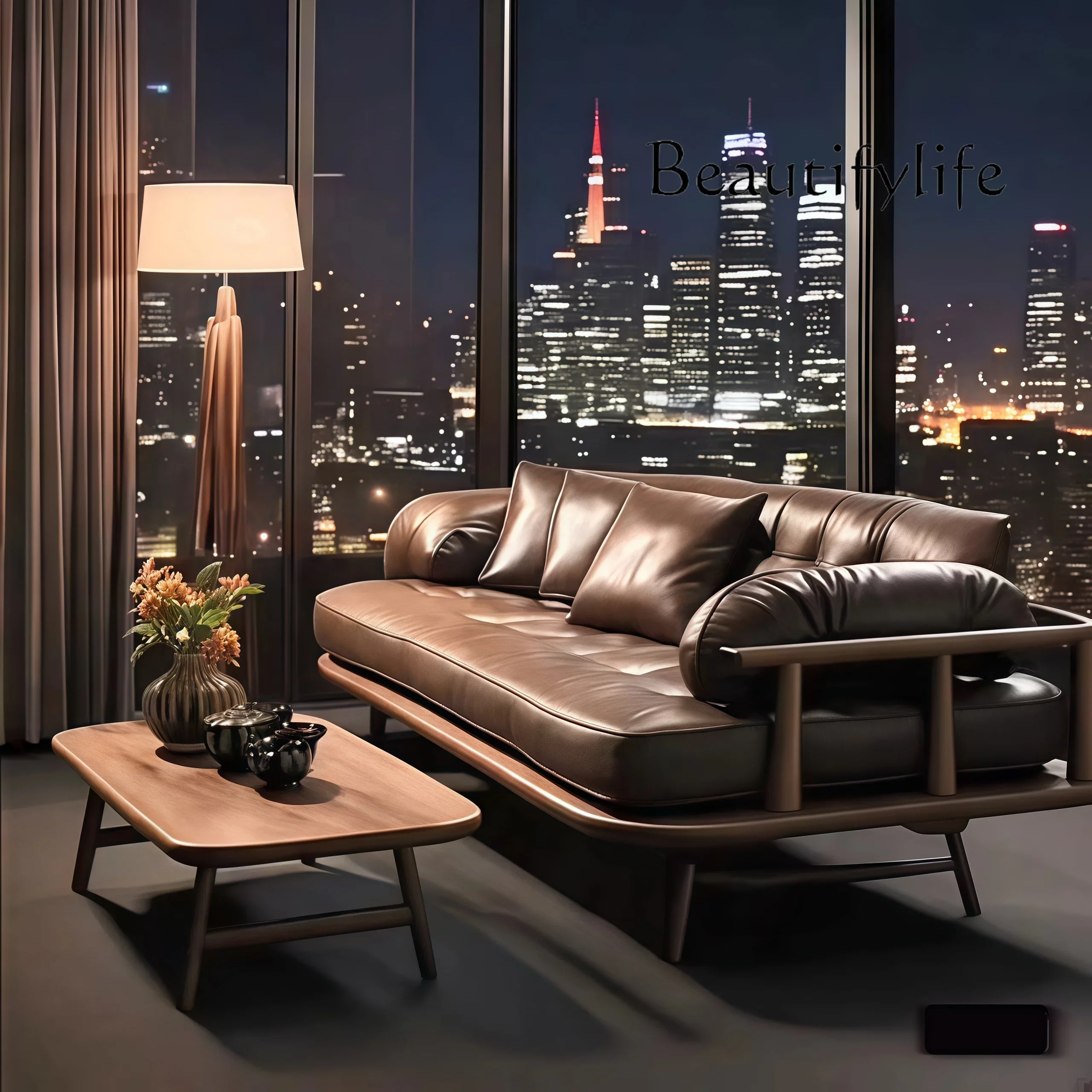

walnut solid wood three-person straight sofa Small apartment home style new minimalist sofa