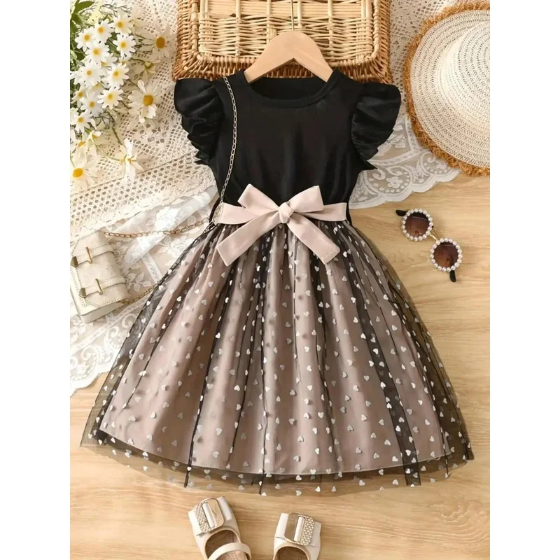 Princess Skirt Children's Dress Casual Elegant Summer Short-Sleeved Ruffled Heart-Shaped Mesh Belt Bow Tie Waist Belt