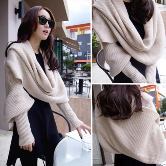  European Style Winter Women Long Scarf With Sleeves Wool Knitted Scarves For Women Thick Warm Casual Shawl High Quality