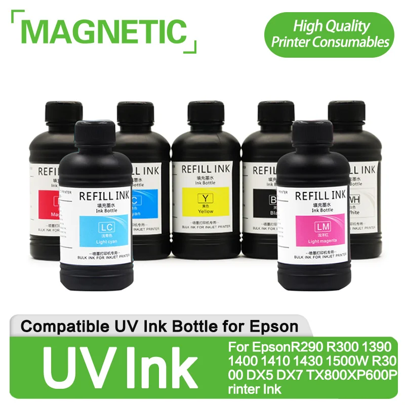 Бесплатная доставка, Магнитная бутылка 250 мл, УФ-чернила BottleFor Epson R290 R300 1390 1400 1410 1430 1500W R3000 DX5 DX7 TX800 XP600Printer