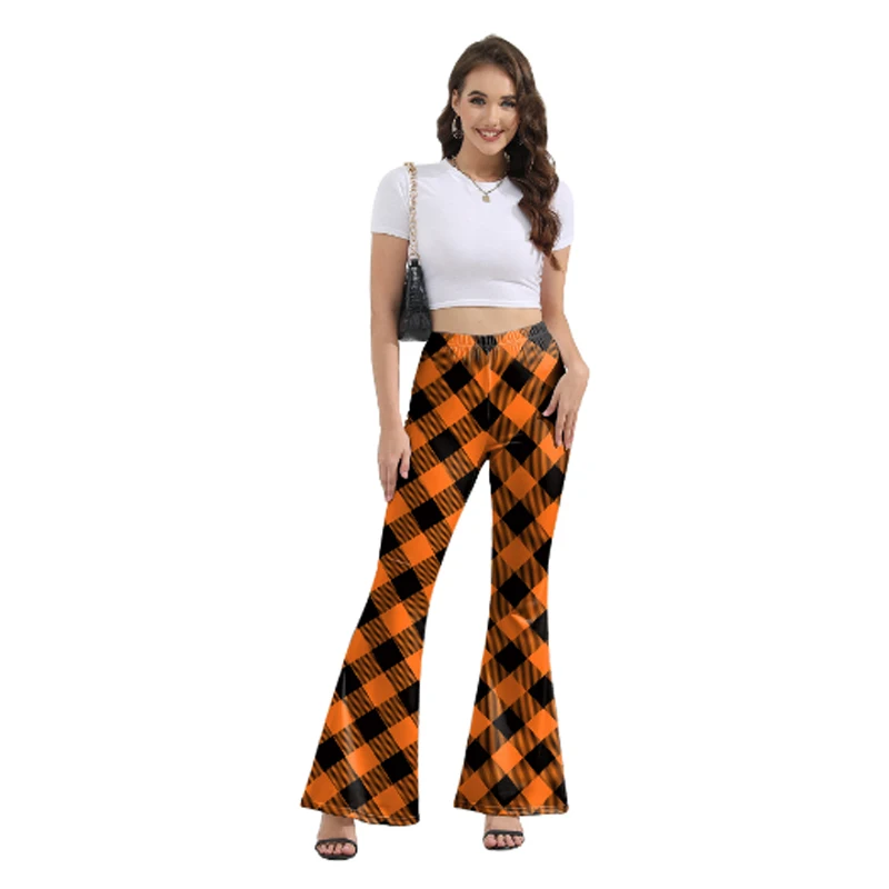 Halloween Orange Printed Flared Pants Slim Fit Women American Funny Spice Clothes Sweet Casual Striped Street Skinny Trousers