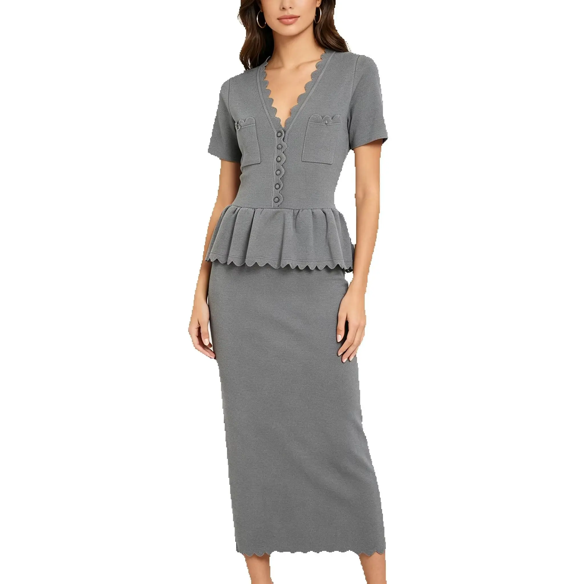 

26134 High End Summer Women V Neck Ruffle Edge Long Dress Short Sleeve Socialite Slim Fit Elegant Commuter Daily Party Dress