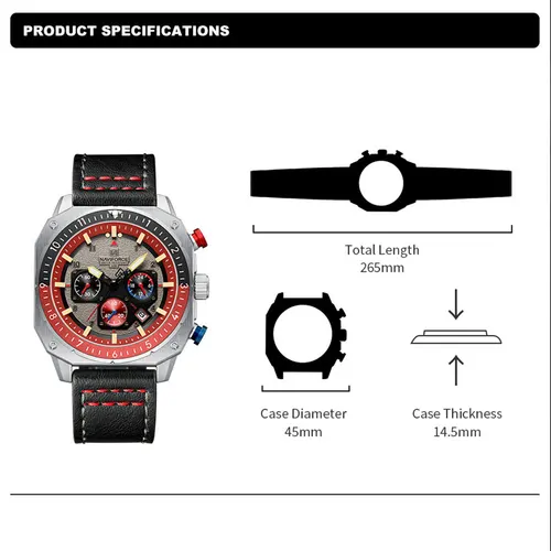 Imagen 2 del producto NAVIFORCE, relojes deportivos multifunción resistentes al agua para hombre, reloj de pulsera cuadrado luminoso analógico de cuarzo de marca de lujo de cuero de moda