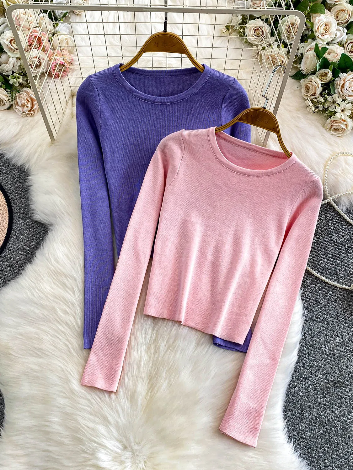 

mat Color Knitted Top Women's Loose Casual Slimming Base Layer irt ort Sve round Ne Knitted Sweater
