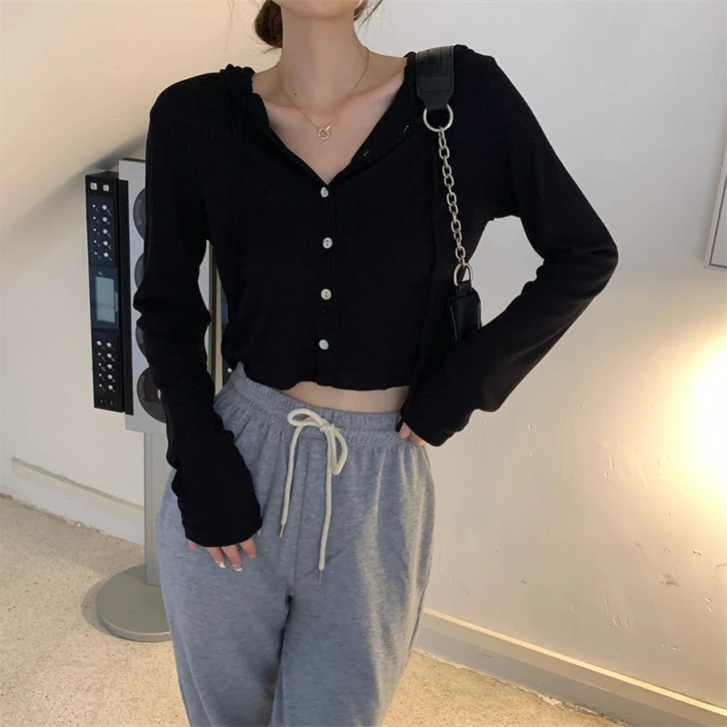 Deeptown Elegant Knitted Hooded Cardigan Women Grey Korean Fashion Sweet Crop Tops Solid Long Sleeve Casual Slim Up Streetwear