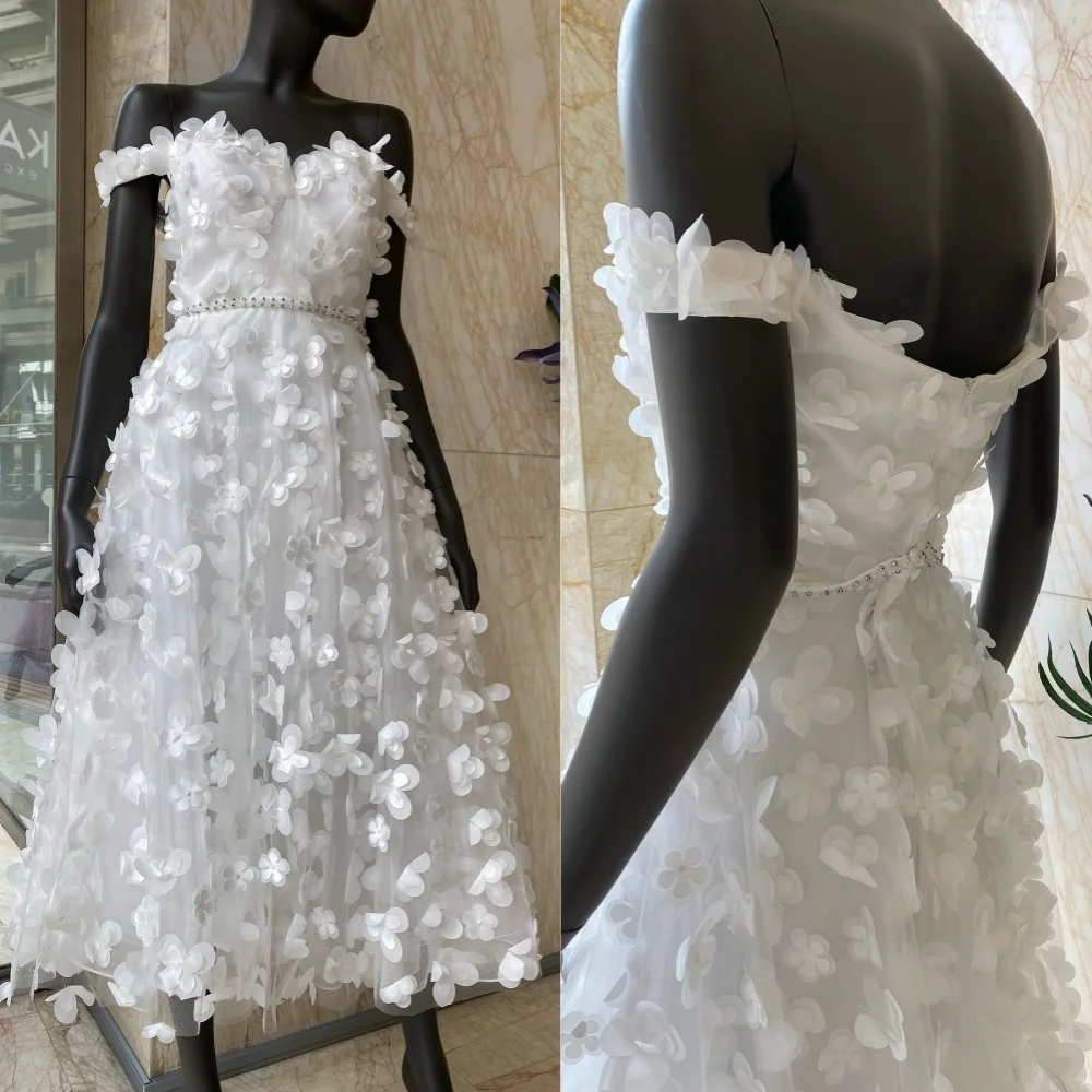 

Customized Tulle Flower Beading Ruched Christmas A-line Off-the-shoulder Bespoke Occasion Gown Midi Dresses