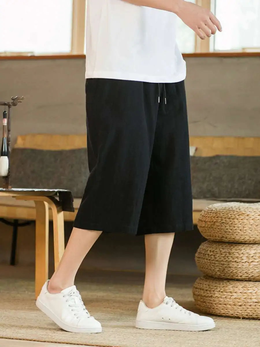 

Мужские летние повседневные брюки из льна, средней посадки, укороченные, из хлопка и льна, однотонные, свободного кроя, удобные, дышащие шорты