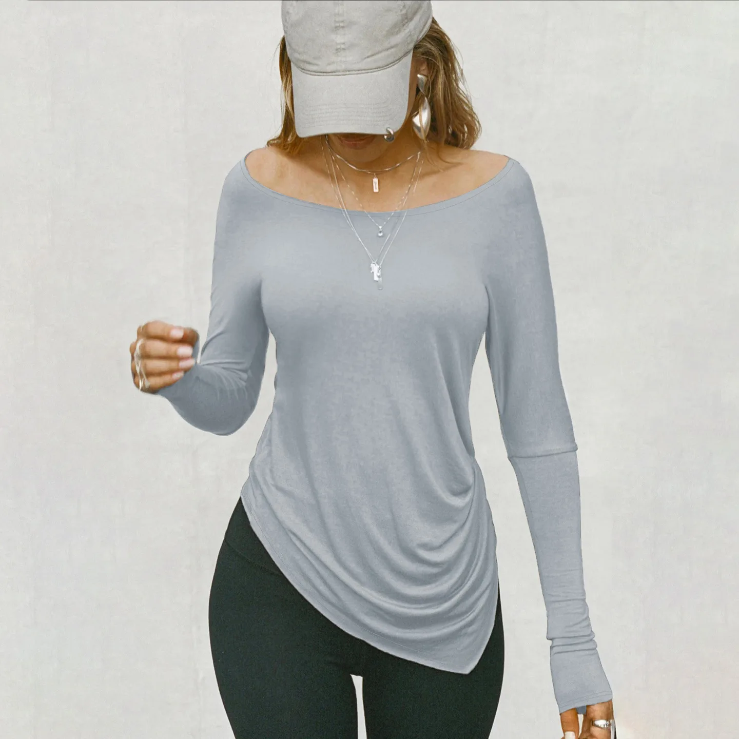 Irregular Arrangement Long Sleeve Top Women Round Neck Wide Neckline Slim Fit Slimming Solid Color Blouse Gentle Fresh