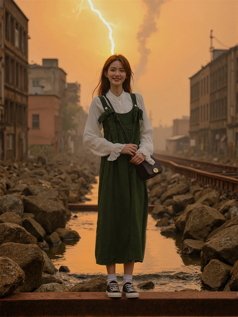 เดรสสีเขียวสำหรับผู้หญิง ความยาวระดับกลางน่อง สายเดี่ยว ยืดหยุ่น ช่วงเอวสม็อค ยืดได้ สวมใส่สบาย ยืดหยุ่น ใส่สบายๆ ง่ายๆ