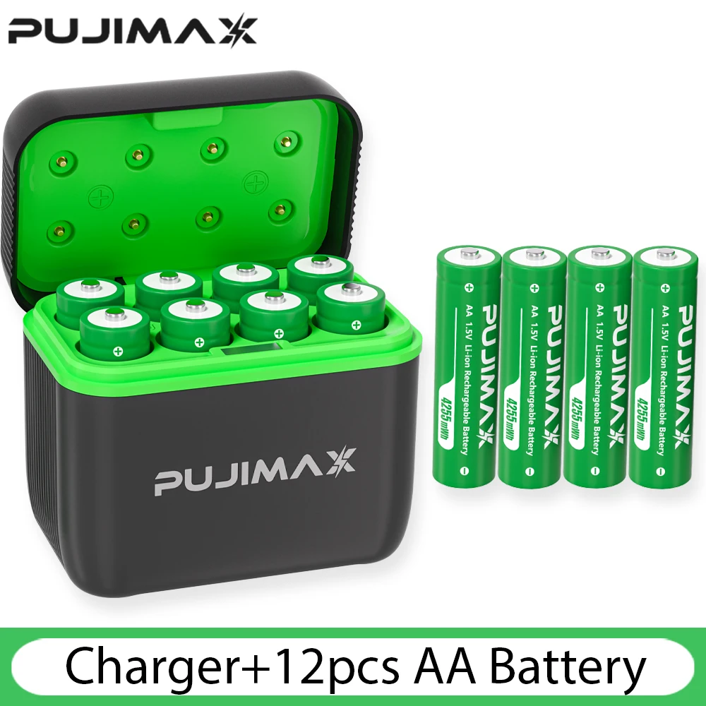 PUJIMAX 1,5 V constante spanning AA oplaadbare Li-ion 4255 mWh batterij met intelligent LED-display booglook batterijladerset