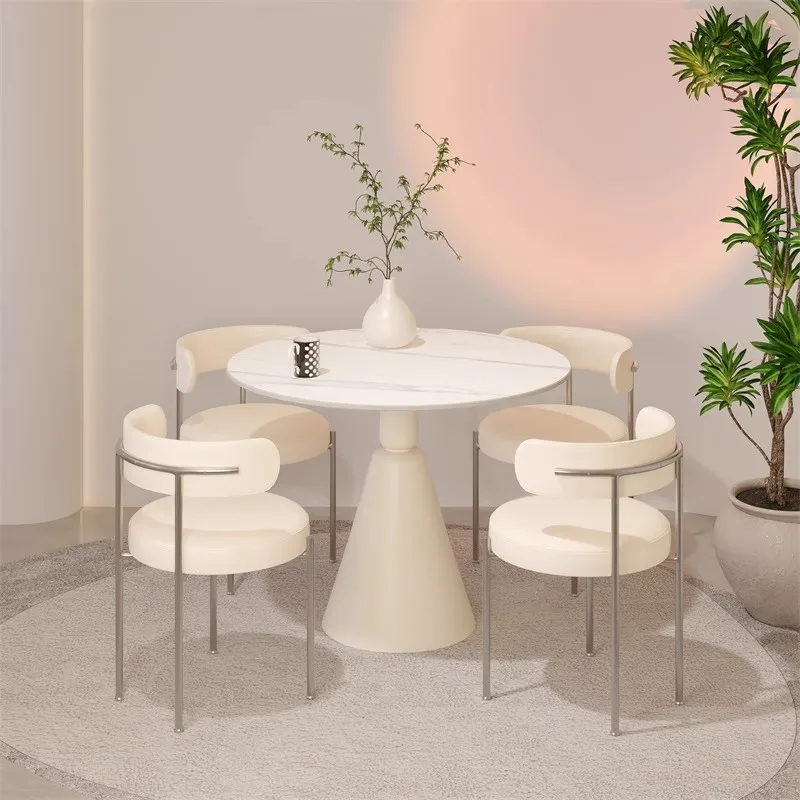 

Cream wind rock slab round dining table store business reception negotiation tables and chairs modern simple small apartment tab
