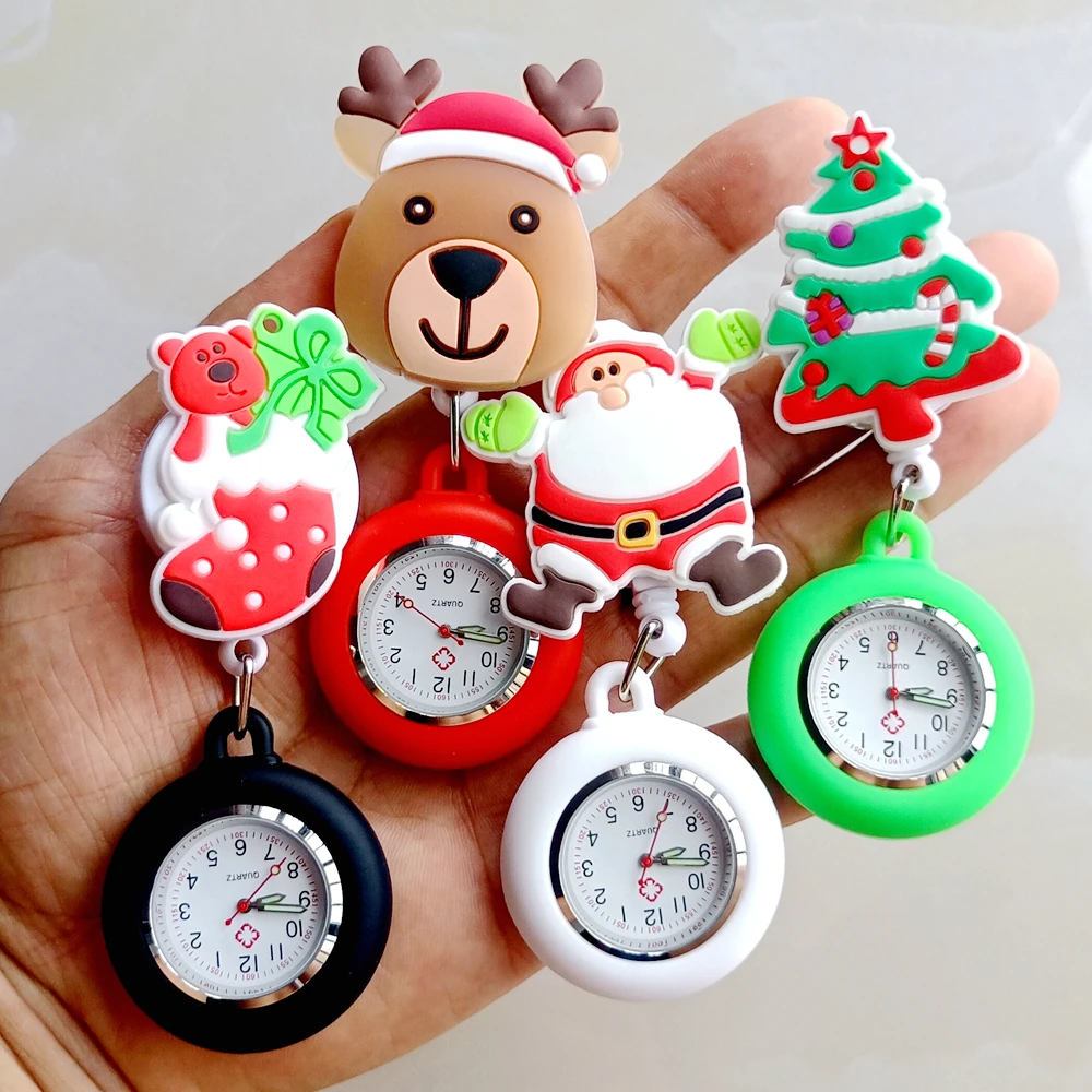 Retractable Christmas Gifts Nurse Doctor Clips FOB Pocket Watches Hospital Santa Claus Trees Snowman Badge Reel Hang Clock