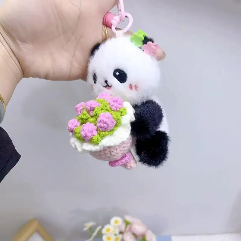 Simpatico fard Panda Materiale in lana che tiene bouquet Corda intrecciata Morbido peluche Portachiavi Itabag Decorazione con cerniera Coppia regalo di Natale