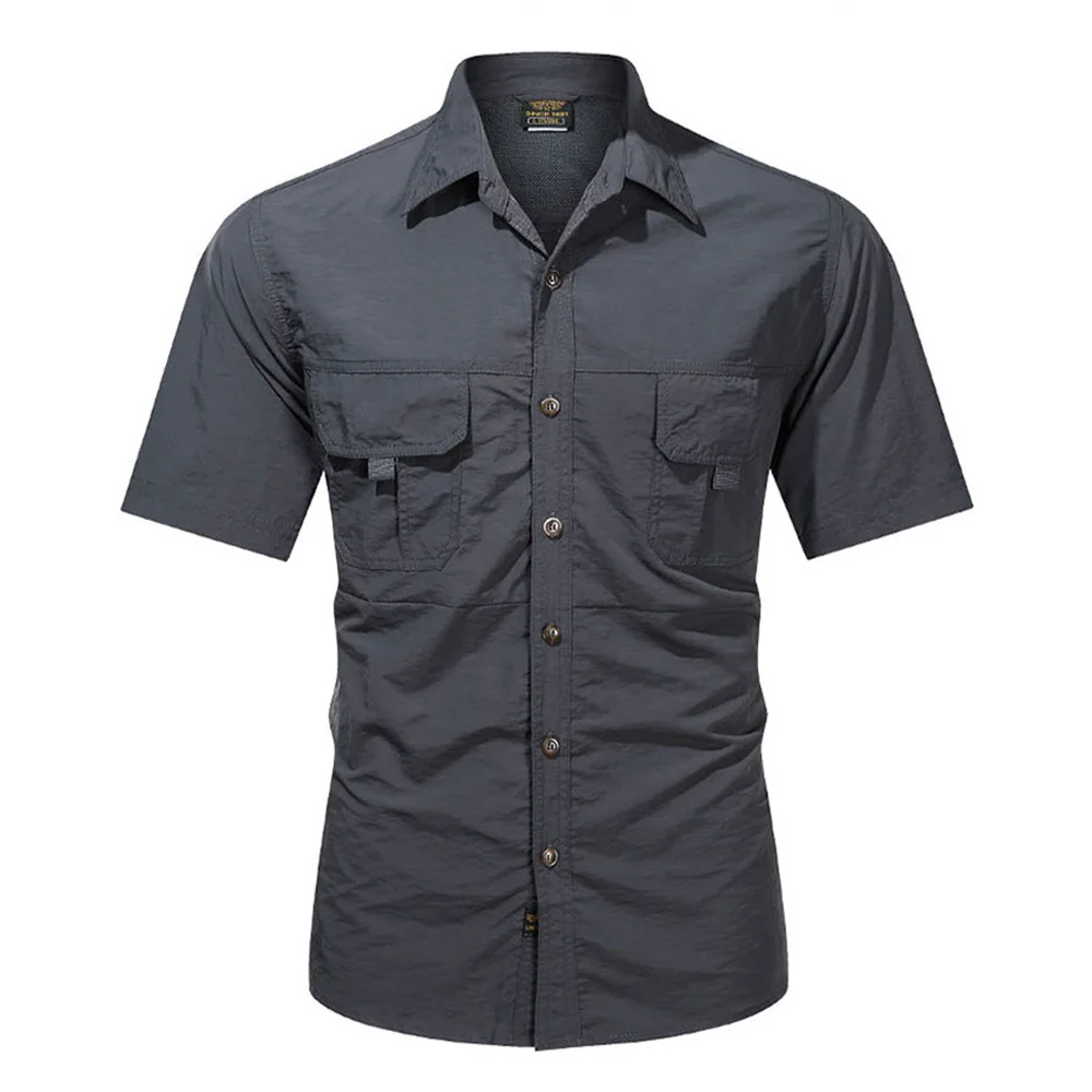 2025 Summer Cargo Shirts for Men Short Sleeve 2-Pocket Outdoor Casual Shirt Quick-dry Tops Lapel Single-Breasted Men's Shirts