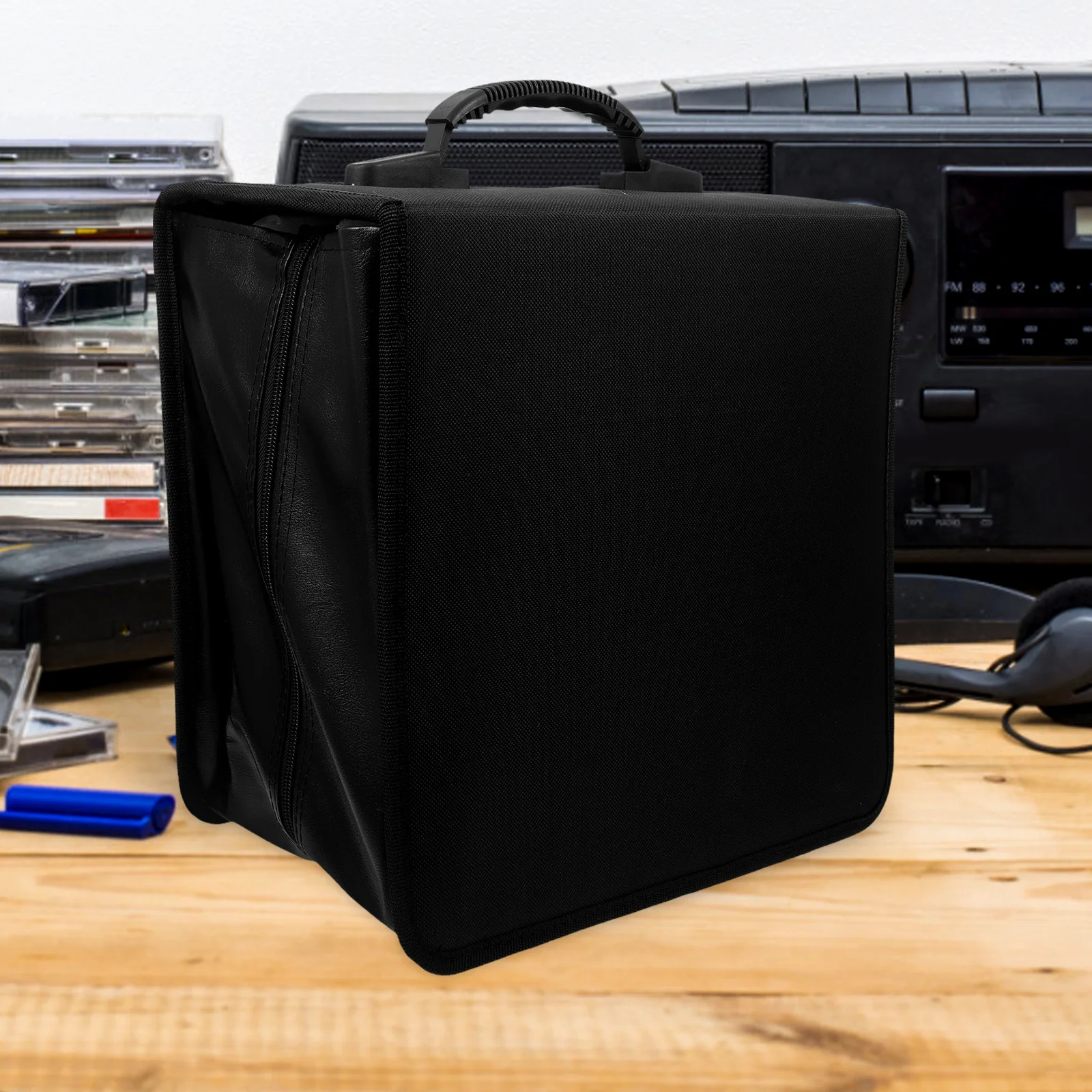 محفظة تخزين Cd Pu سعة كبيرة حامل حافظة DVD مقبض محمول للسفر والمنزل والمكتب قرص Cd أسود