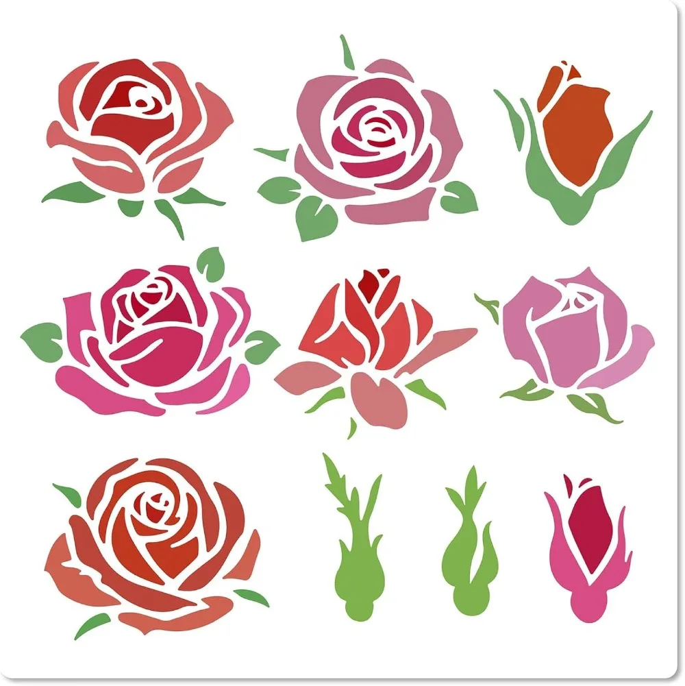 18x18cm Rose Flowers Stencil Flowers Leaves Templates Rosette Floral Buds Bloom Rose Pattern Reusable Square Plastic Stencils