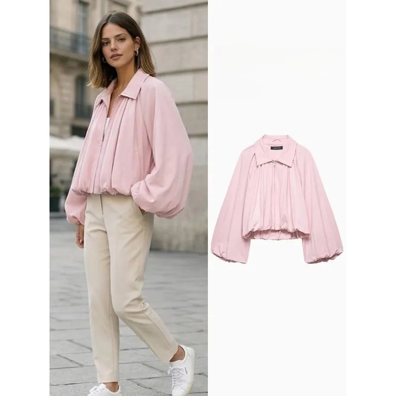 

FANAN Women Fashion Pink Front Zipper Loose Pleated Bomber Jackets Vintage Lapel Neck Long Sleeves Female Chic Lady Outfits