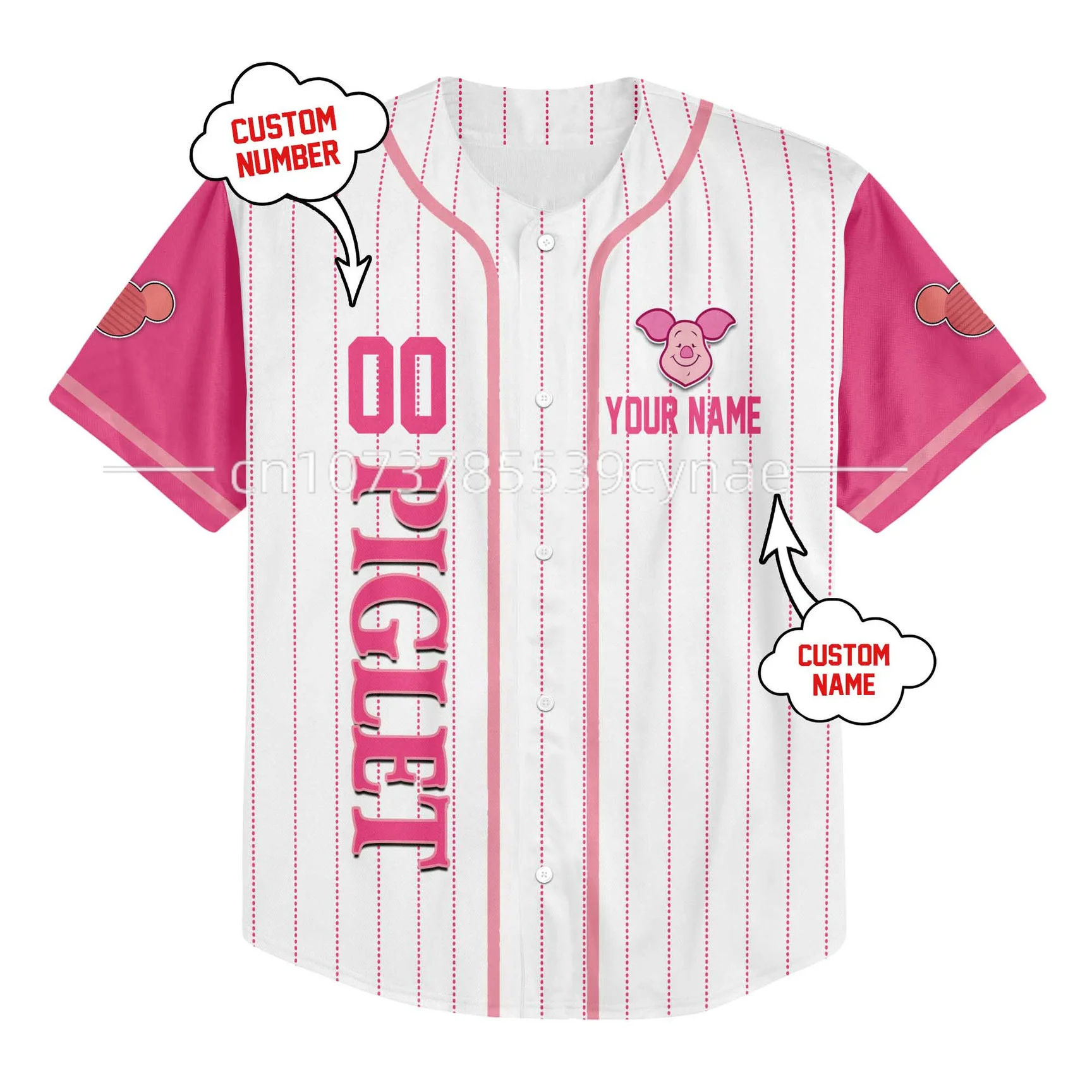 Disney Piglet Baseball Shirt Cute Piglet Pink Baseball Shirt Casual Custom Name Number Men's Women's Children's Baseball Shirt