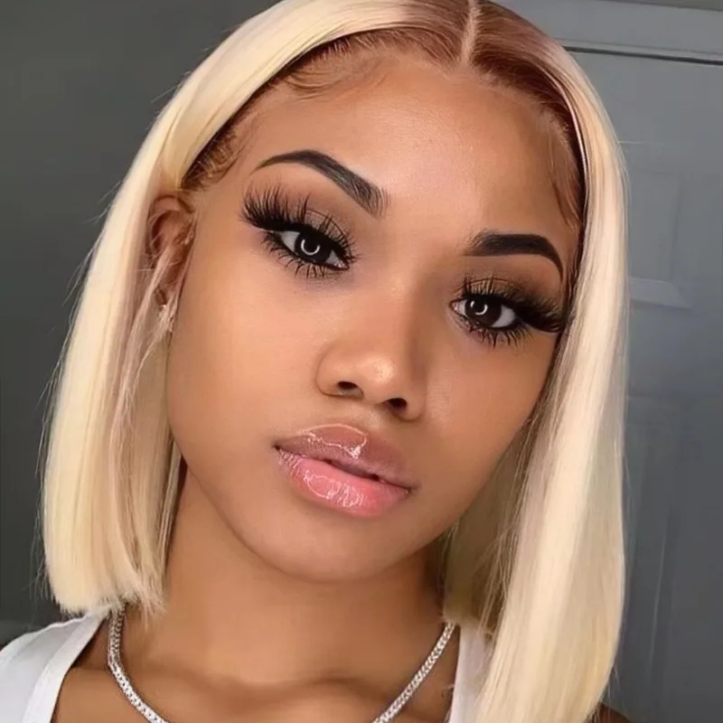 

100% человеческие волосы Медовый блондин 4T 613 Цветной короткий парик Боб 13x4 Кружевной передний бразильский парик из волос Remy Предварительно выщипанный для женщин Косплей