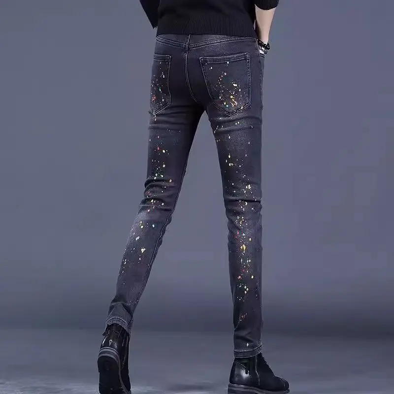 2025 新しいトレンディなメンズプリントジーンズスリムフィットジーンズ男性ファッションクラシックデニムスキニージーンズ男性メンズカジュアル高品質ズボン