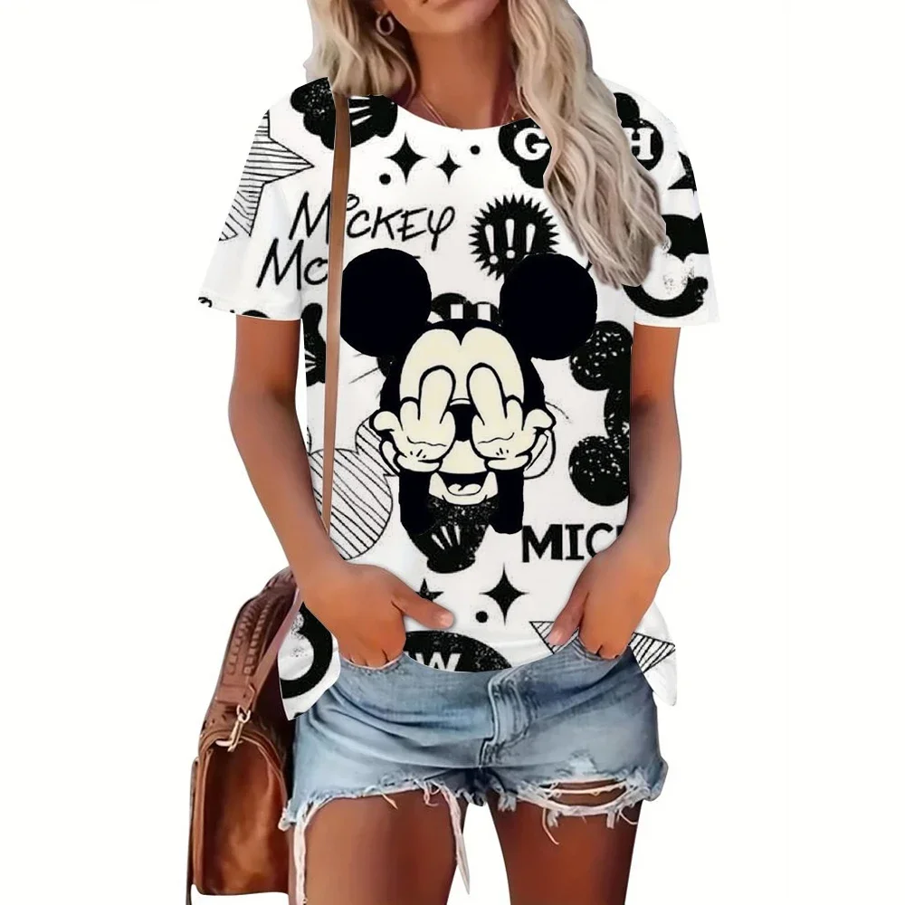 ديزني ميكي ماوس طباعة الكرتون تي شيرت بلايز للنساء سيدة الصيف الإناث تي شيرت أسود س الرقبة الساخن تيز تي شيرت