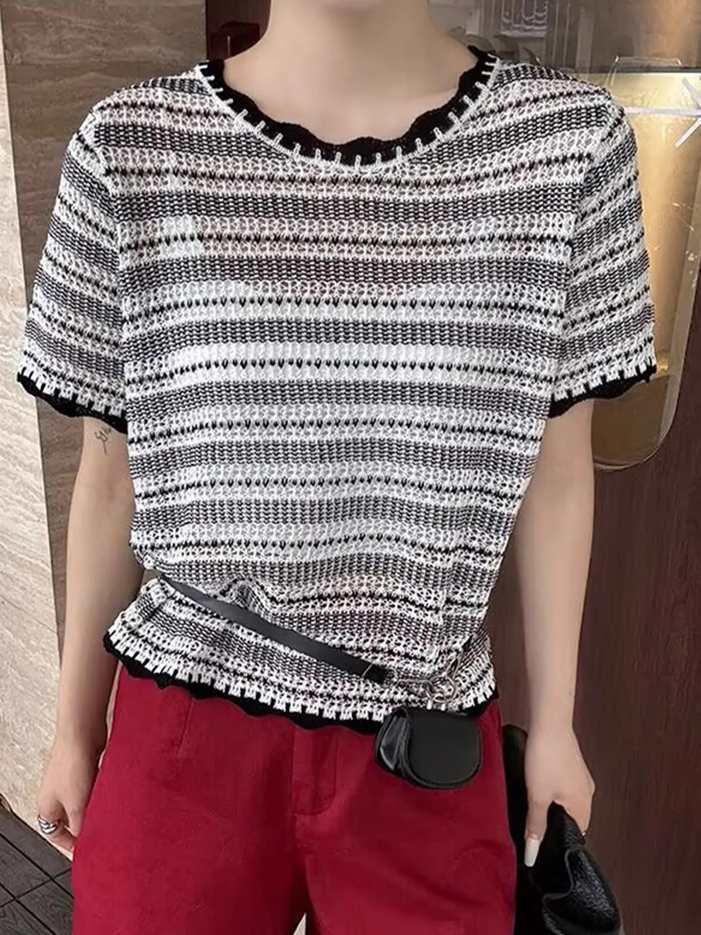 

Comfortable Breathable Lazy Sle Knitted round Ne Top Striped Loose Fit Summer Versatile irt Color Blo Vest Korean Ver...