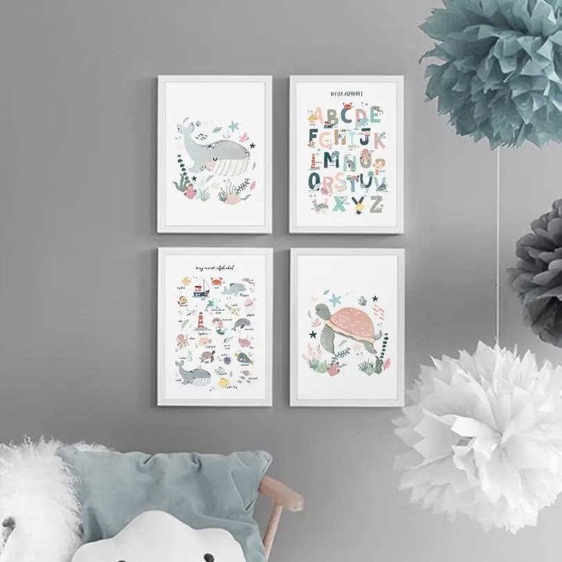 

Cartoon Whale Turtle Sea Ocean Alphabet Nursery Wall Art Print Canvas Painting Nordic Poster Wall Pictures Baby Kids Room Decor