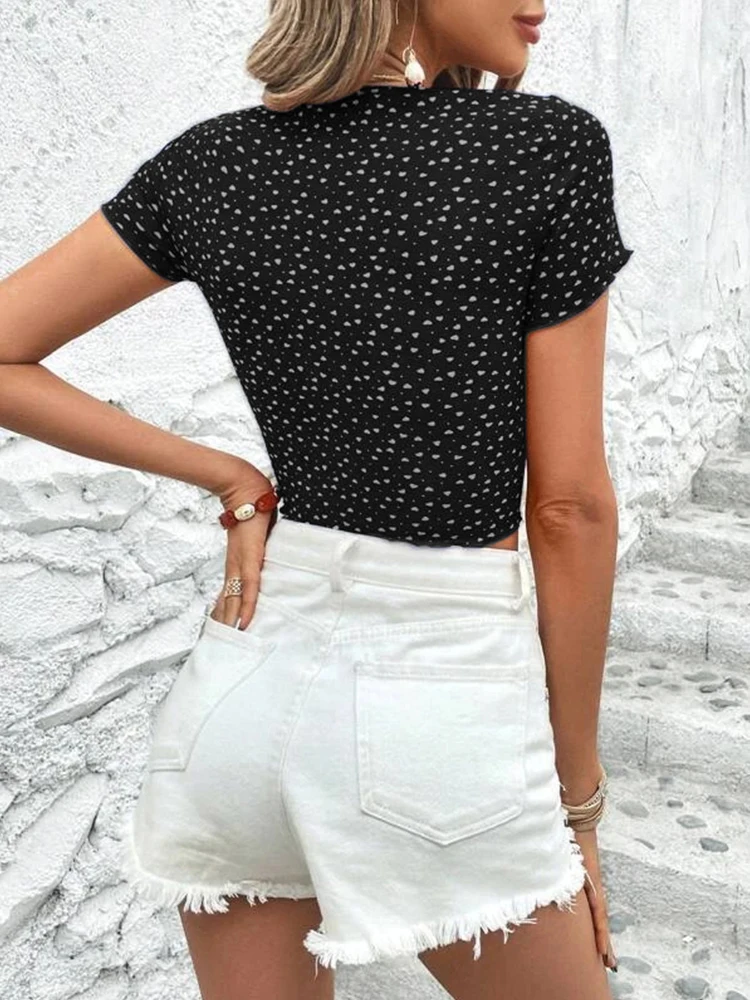 Fashion Casual Summer Sexy Love Polka Dot Knitted Hollow Knot V-neck Wooden Ear Hem Retro T-shirt