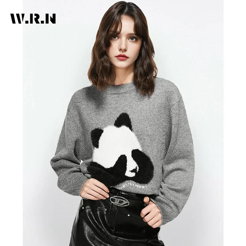 Sweet Casual Knit Long Sleeve Pullovers 2024 Winter Vintage Fashion Women Jumpers Panda Print Round Neck Ladies Grey Sweater