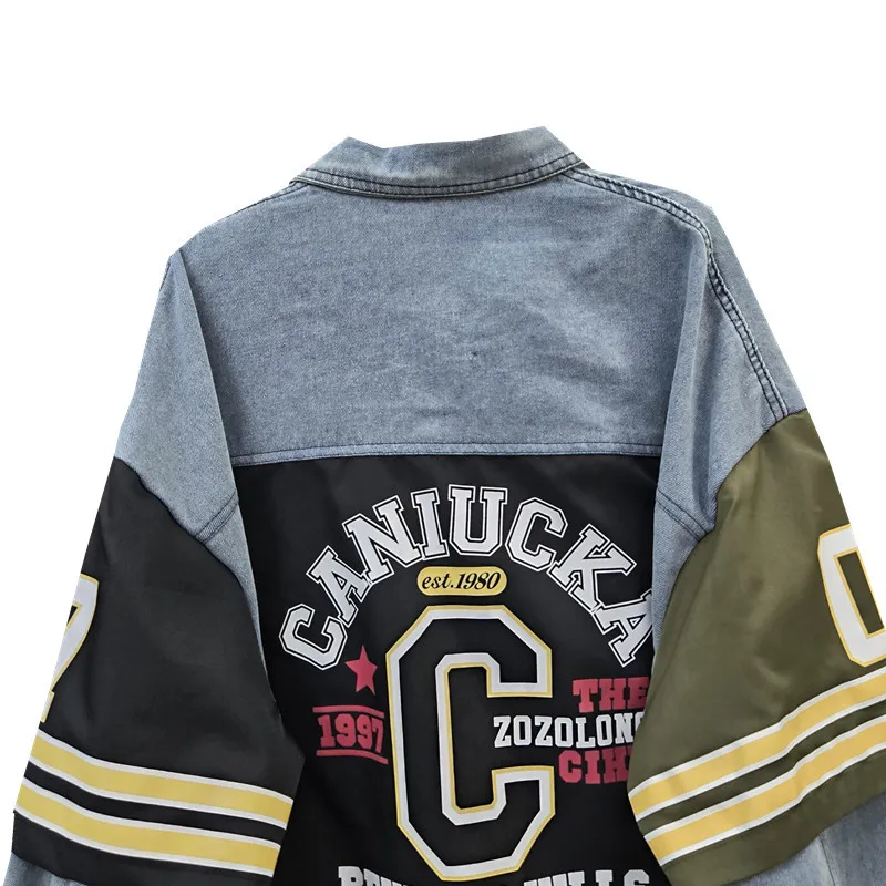 العصرية النمط الأمريكي عارضة الثقيلة الرجعية اللون كتلة المطبوعة الدنيم قميص للنساء فضفاض التخسيس أعلى سترة القمصان العصرية