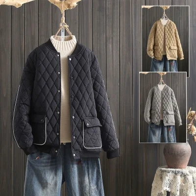 

Тепло или Тонкий ромбовидный узор Хлопковое дэт Корейское бейсбольное пальто Тонкий размер Большая сфера Ballpark Aosphere All-Match Wint...