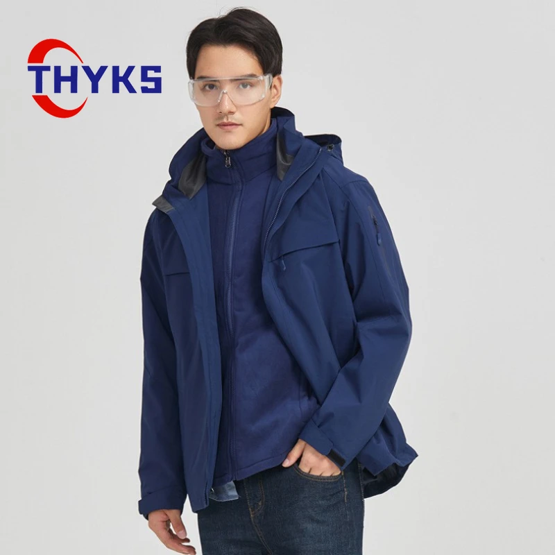 Men Hiking Coat Plush Thickened Windproof Waterproof Full Pressure Adhesive Mountaineering Suit Solid Color Hooded Two Piece Set