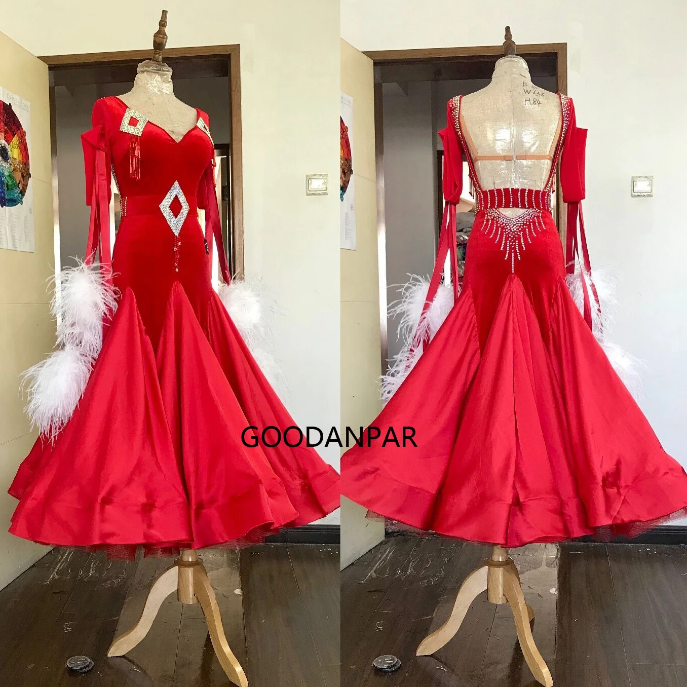 

GOODANPAR Costume New Competition ballroom Standard dance dress,figure skating dress,Long sleeves,Women Dress,red