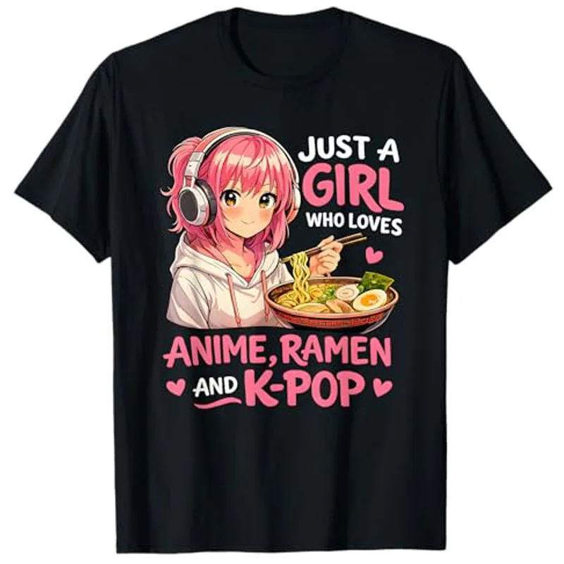 Camiseta Feminina 2026 Nova Moda: Uma Garota que Adora Anime, Ramen e K-Pop - Roupa de Manga para Adolescentes com Estampa Divertida de Comida