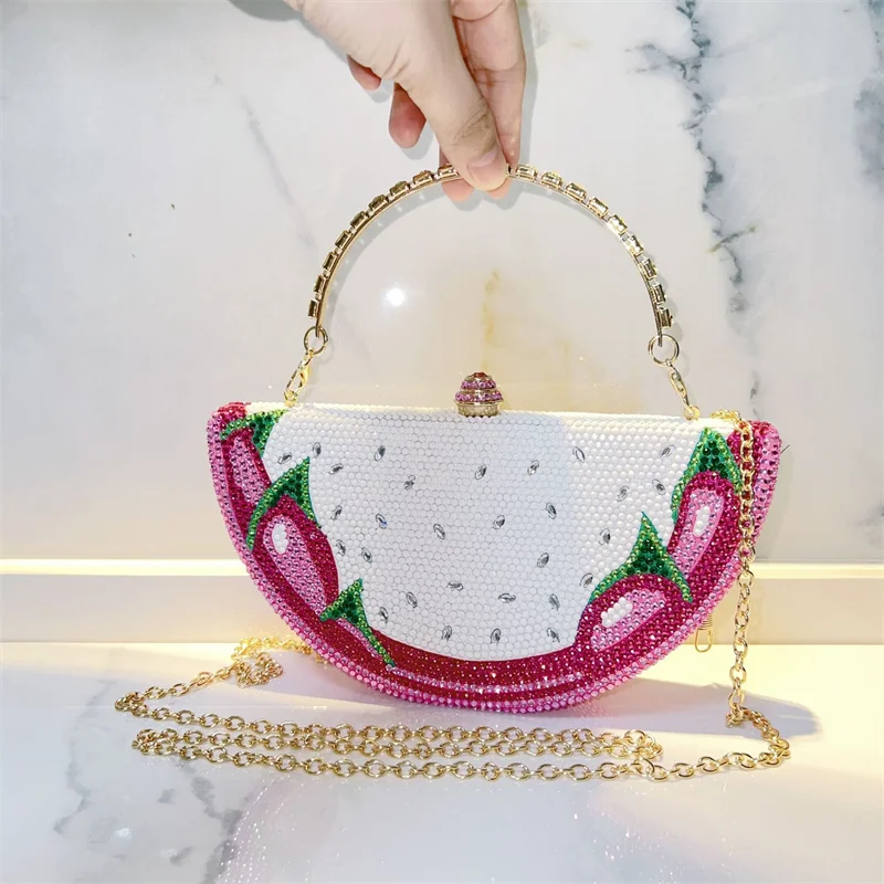 Women Multicolor Rhinestone Watermelon Shaped Evening Clutch Bag Crystal Handbag Summer Wedding Cocktail Party Formal Purse Ins