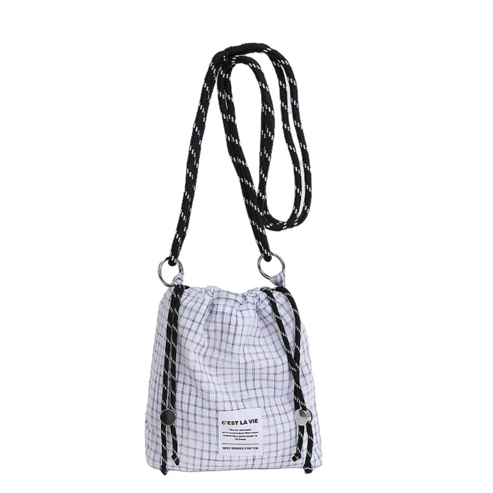 

Portable Korean Drawstring Bucket Bag Plaid Casual Nylon Crossbody Bag Leisure Light Weight Women's Handbags Sports