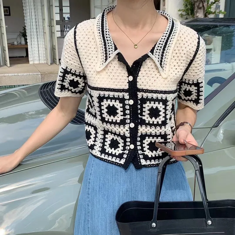 Floral Crochet Vest Top Collared Button-up Short Sleeve Sheer Crop Knit Top Cardigan for Women Teengirl Fairycore Vintage Outfit