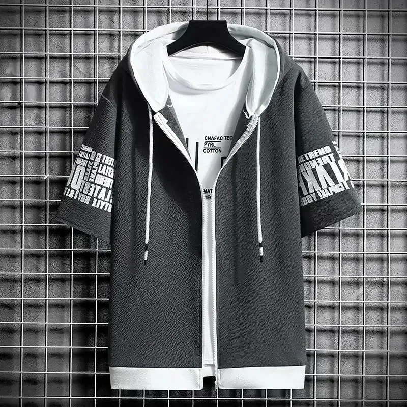 Fashion Men\'s Hoodies Summer Men Clothing T-shirt Zipper Hood Cartoon Casual T Shirt Print Hooded Top Short Sleeve Men