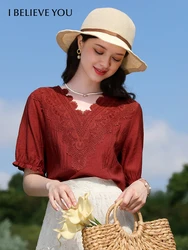 I BELIEVE YOU French Shirts Women 2024 Summer V-neck Red Lace Short-sleeved New Chic Retro Half-sleeved Gentle Blouse 2241055681