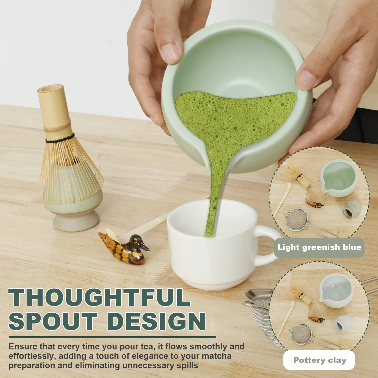 6Pcs Matcha Whisk Set Ceramic Matcha Bowl with Strainer Tea Rattle Stand 530ml Matcha Bowl Thoughtful Spout Design Easy to Wash