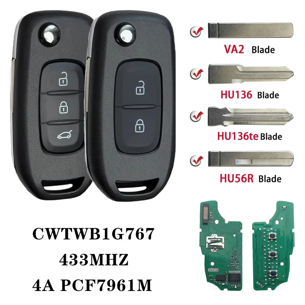 For Renault Kadjar Captur Megane3 Symbol Dacia Duster Logan2 Smart Flip Car Key CWTWB1G767 4A Chip 433MHZ PCF7961M