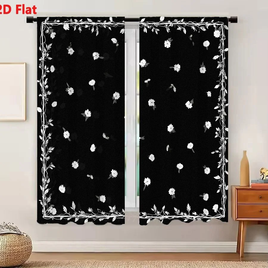 2Pcs Curtains 2D Flat Black Square Background With White Floral Pattern And Vines Border Window Drapes for Bedroom Room Decor De