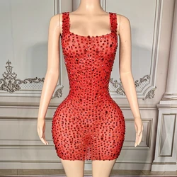 Sparkly Rhinestones Sleeveless Stretch Short Dress for Women Summer Sexy Mesh Celebrate Evening Birthday Dress Photo Shoot Wear