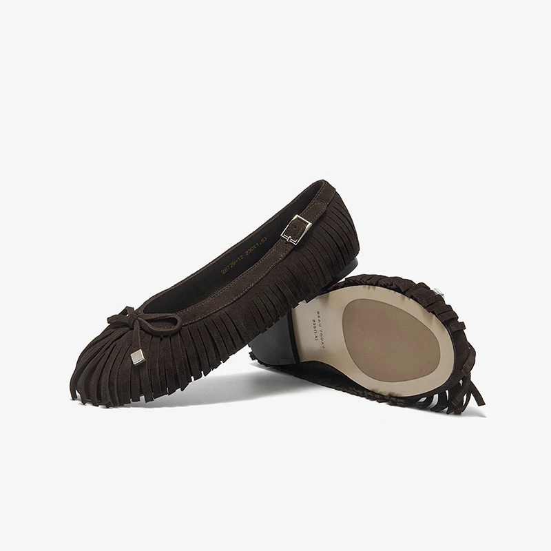 BEAUTODAY Casual Flats Shoes Women Cow suede Leather Round Toe Tassel Slip-on Ballet Ladies Shoes Handmade 28729